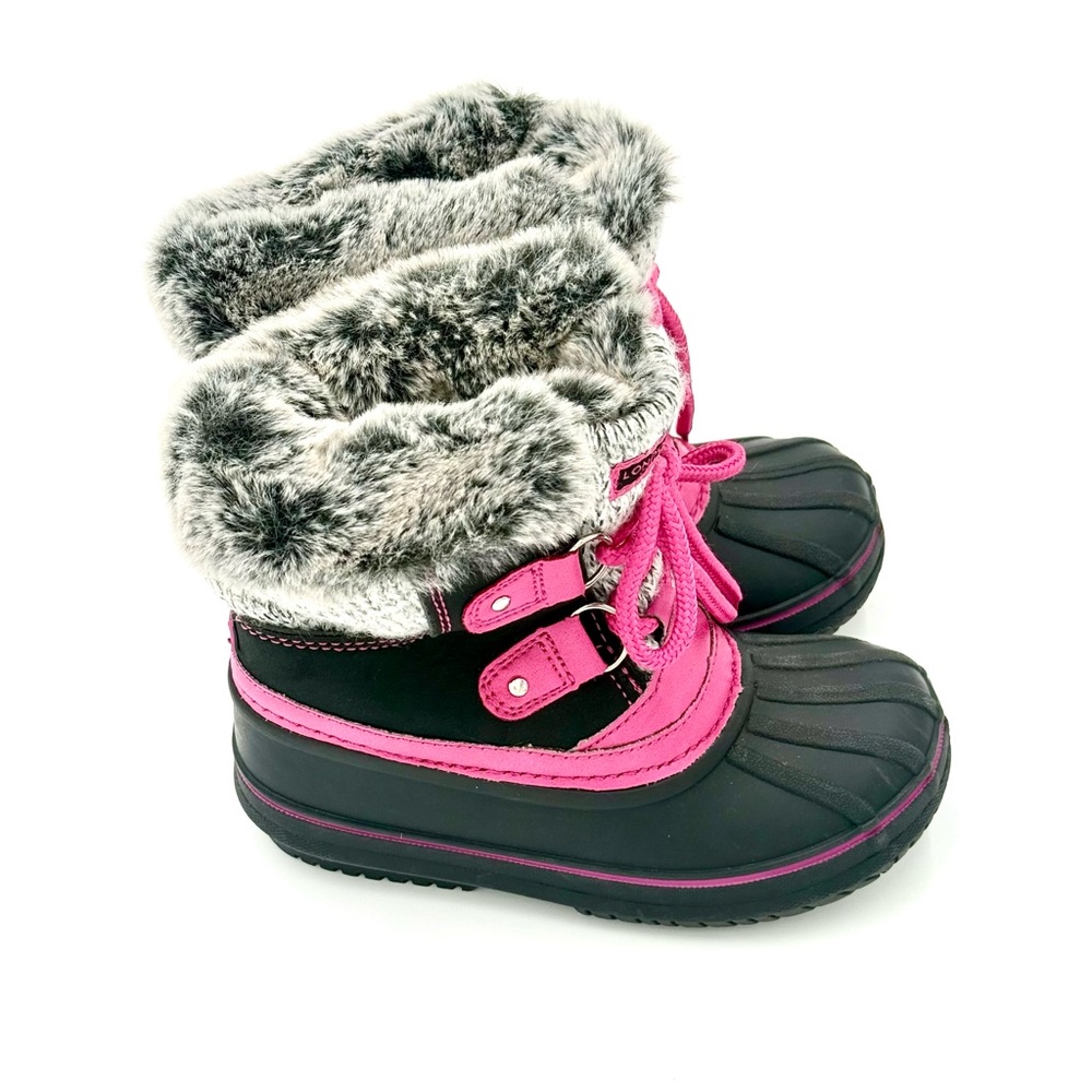 LONDON FOG Girls Size 9 Black Pink Faux Fur Snow Boots Like NEW Ships next day .